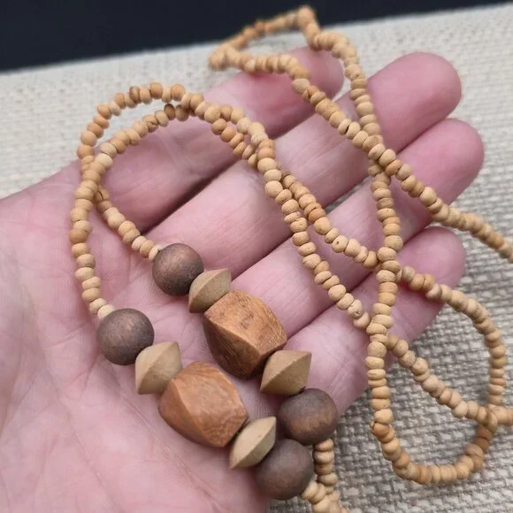 Slip On 20 Inch Wood And Jasper Stone Carved Floral Necklace B991 - Picture 5 of 7